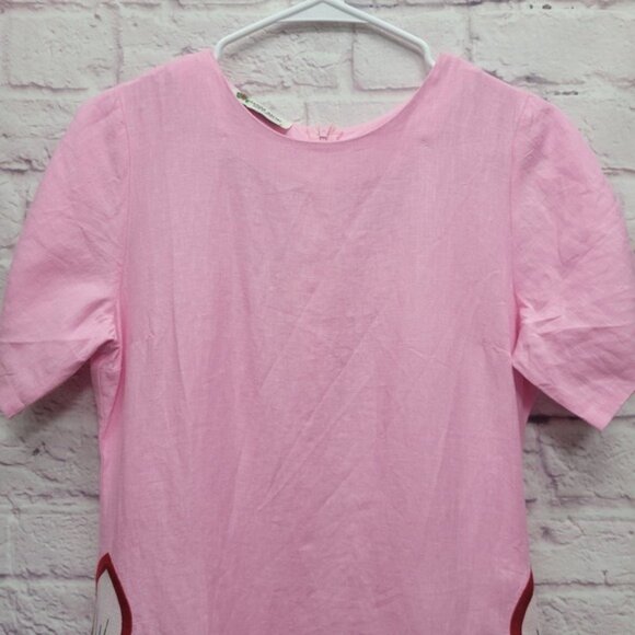 Fanm Mon Pink 100% Linen Dress Size S Short Sleeve Embroidered Floral Cottage - Picture 2 of 9